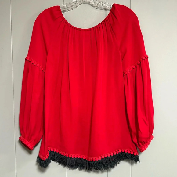 TORY BURCH Sylvie Boho Peasant Blouse Red Silk Scoop Neck Fringe Tassel Size 0 - Picture 2 of 9